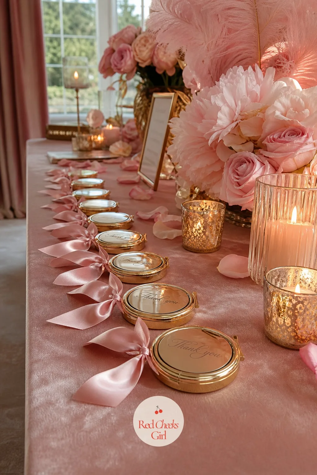 Soft Gold Compact Mirror Favors — A compact mirror is the one favour guests actually keep in a handbag for years, long after a candle has burned down. Blushing