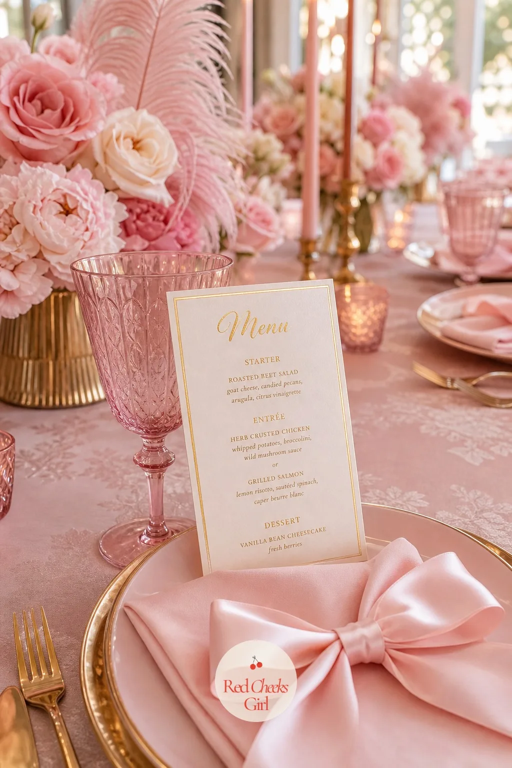 Soft Gold Menu Cards at Each Place Setting — A small card at each place turns a plate of food into a meal that was planned, not just assembled. Blushing bride