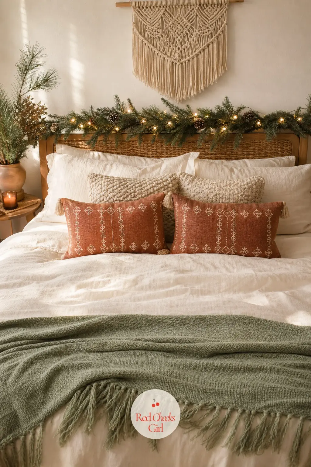 The Bed, Layered for Winter — A cream duvet gets layered under a sage throw folded at the foot of the bed, with two terracotta lumbar pillows breaking up the