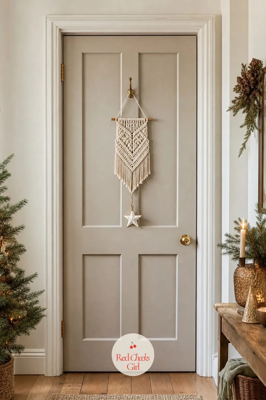 The Bedroom Door — A small woven hanging takes the place of a wreath here, hung at eye level on a plain brass hook rather than a nail. Boho christmas decor