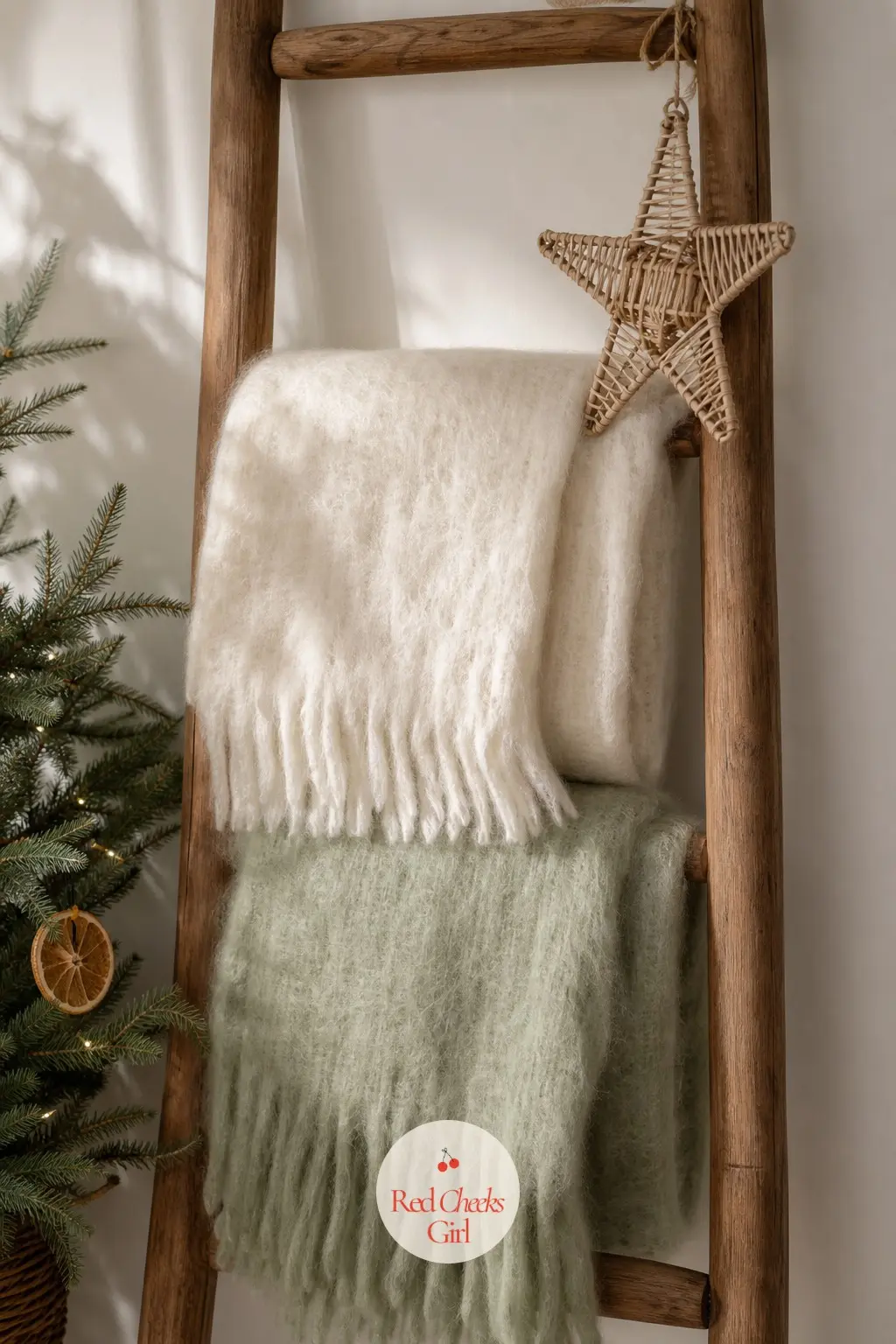 The Blanket Ladder — A plain wood ladder leans against the wall holding two mohair throws, one cream and one sage, folded loosely rather than squared off. Boho