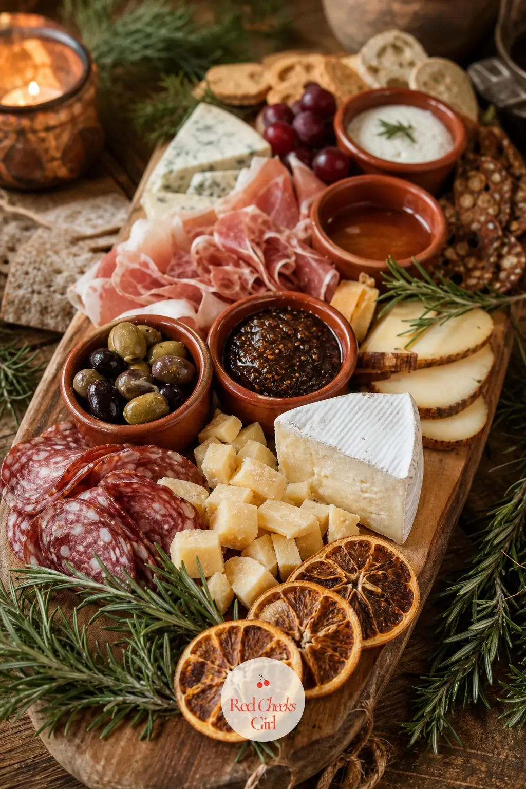 The Cheese and Charcuterie Board — A long wood board does the heavy lifting, the grain itself standing in for the sun-bleached wood in this corner of the room.