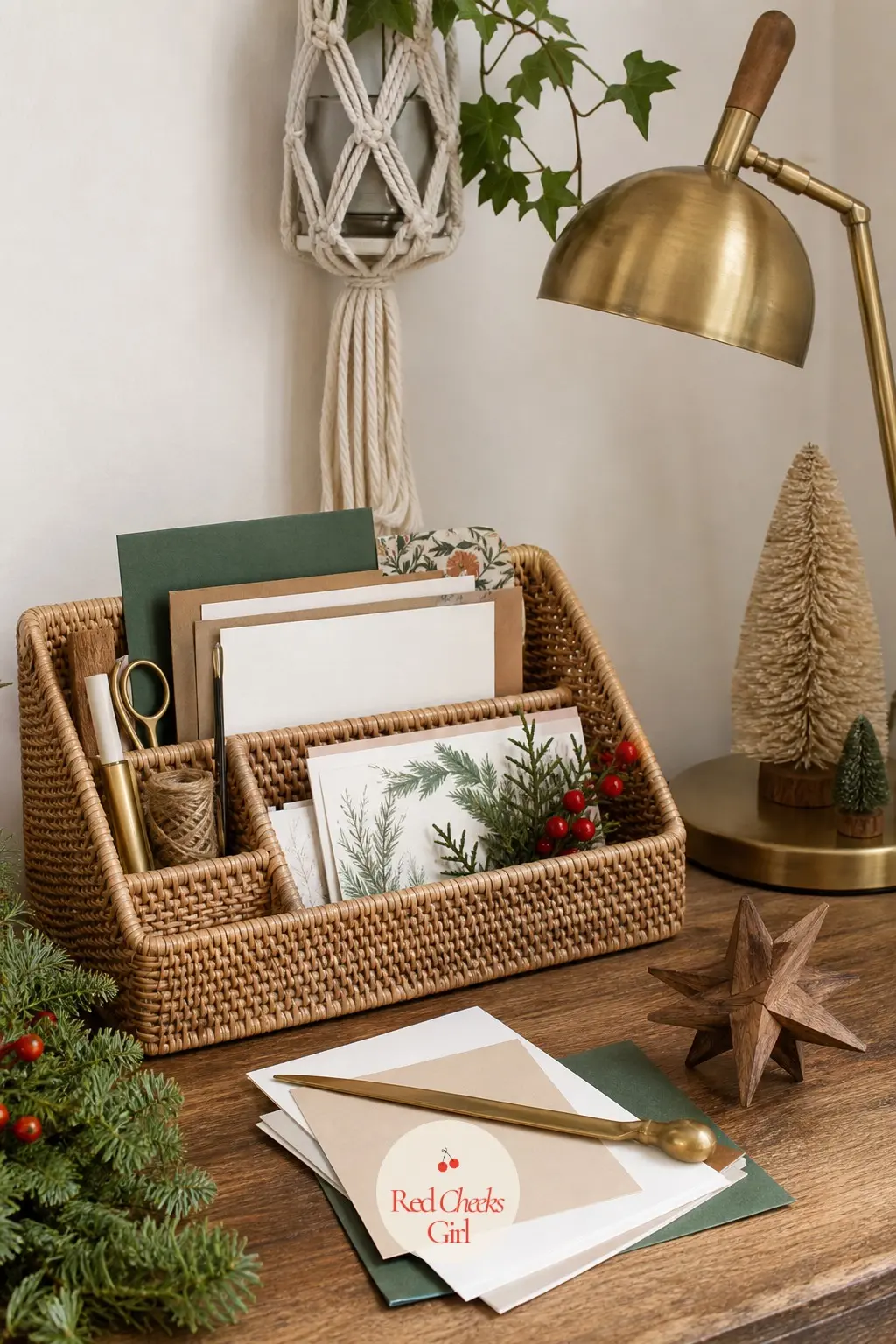 The Desk Nook — A rattan desk organizer holds the pens where they actually get used, with a small macrame hanger trailing a plant above the keyboard. Boho