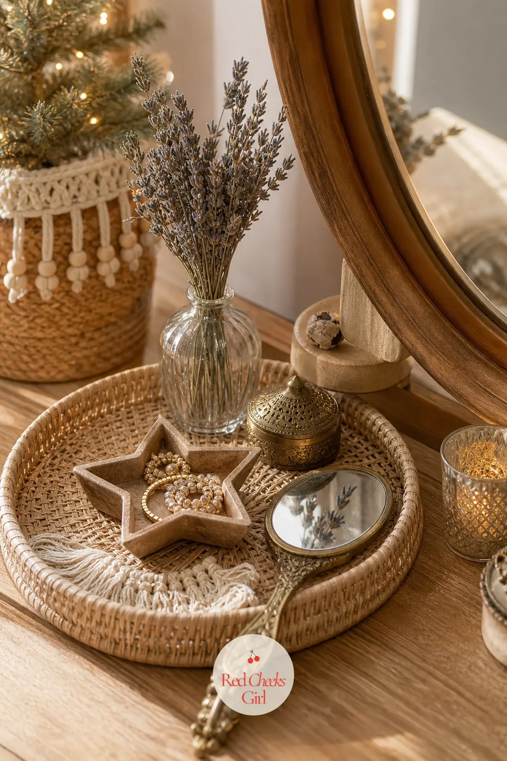 The Dressing Table Corner — A small rattan tray holds the everyday jewelry, with a brass hand mirror laid across one corner. Boho christmas decor