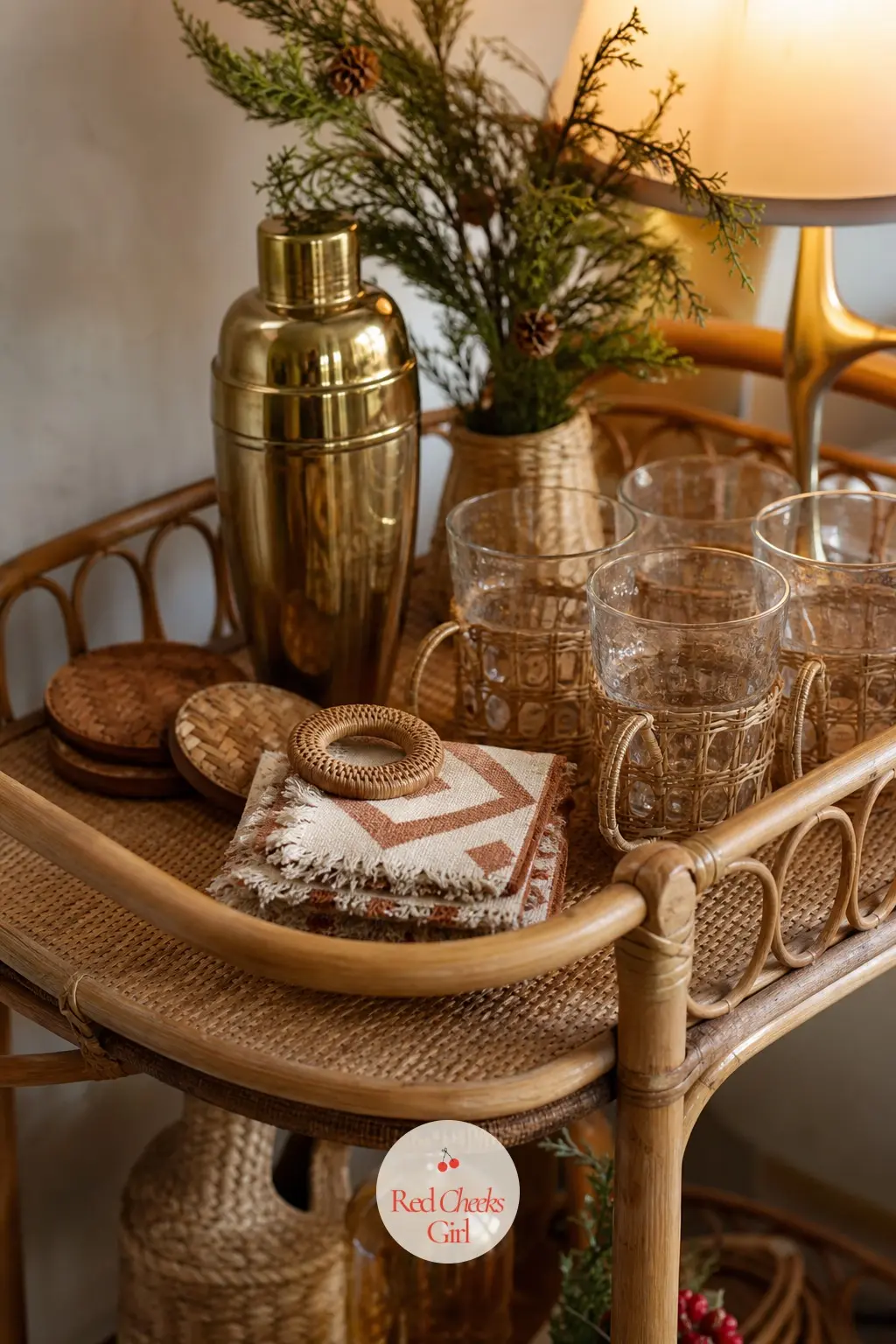 The Drinks Trolley — A rattan bar cart stands in for the usual metal trolley, holding a brass shaker and a short run of handled glass tumblers. Boho christmas