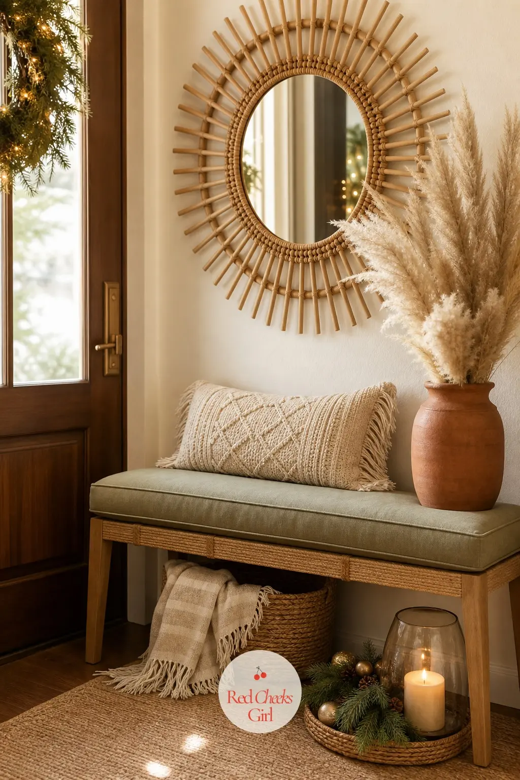 The Entryway Just Inside — Just past the door, a narrow bench holds a folded sage cushion and a small stack of dried pampas in a terracotta vase. Boho