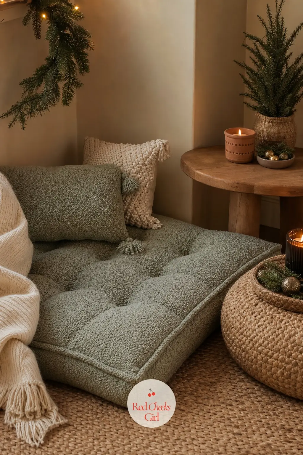 The Floor Cushion Reading Corner — Low to the ground instead of a formal armchair: a cluster of floor cushions in sage boucle, a jute pouf for a footrest, and