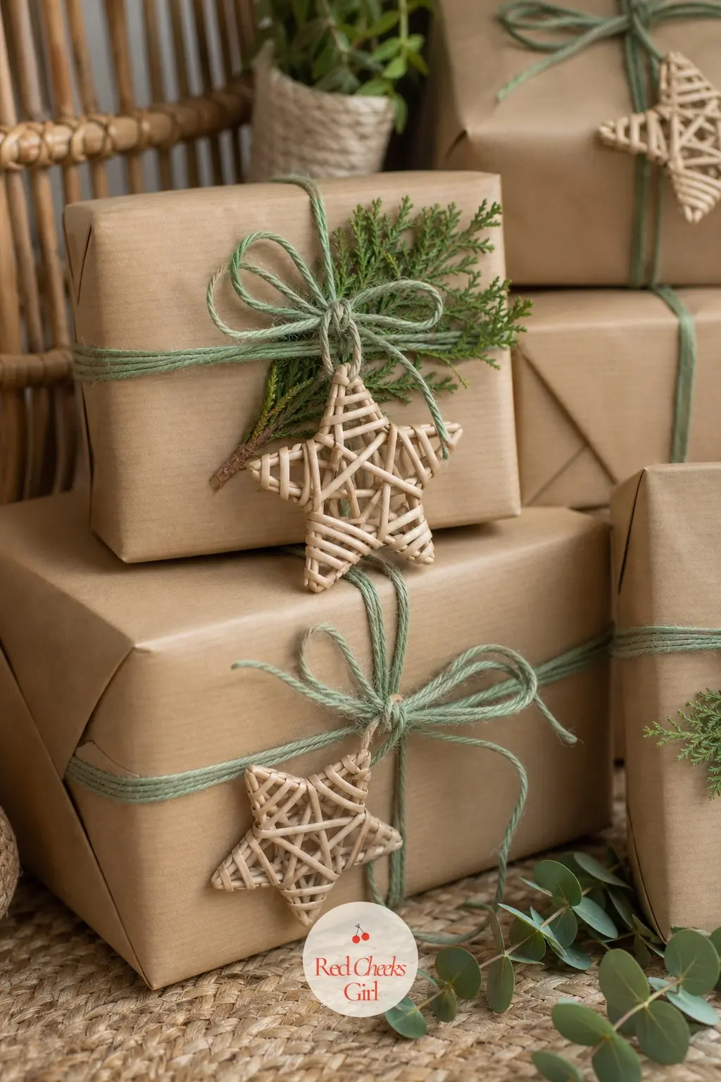 The Gift Wrapping Corner — A low stack of parcels on the floor, wrapped close for the shot so the paper does the talking: natural kraft paper, wrapped and tied