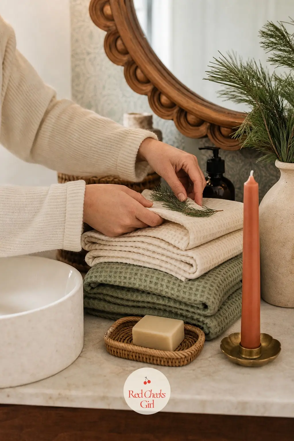 The Guest Bathroom Counter — Two waffle hand towels in cream and sage sit folded beside the sink, with a rattan soap dish holding a plain bar of soap. Boho