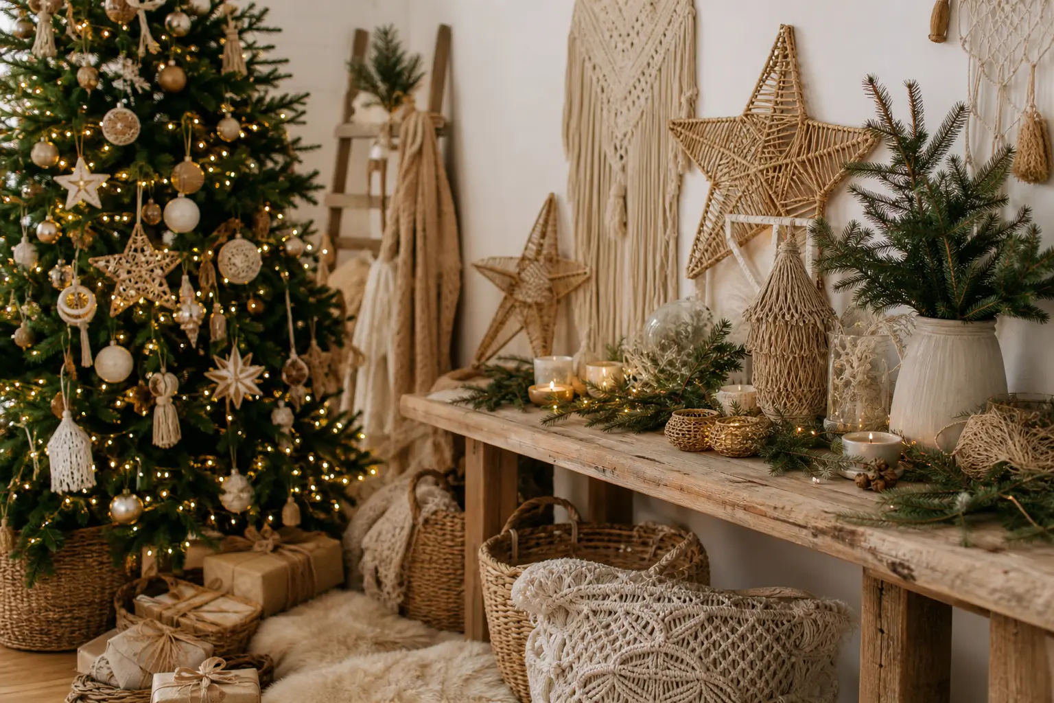 18 Boho Christmas Decor Ideas With Rattan Stars, Macrame and Sun-Bleached Wood