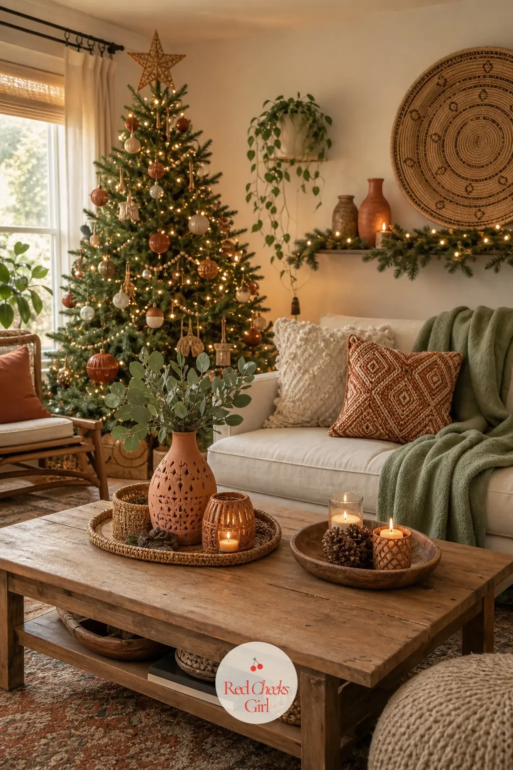 The Living Room, Dressed Wide — The tree stands off-center here, wrapped in jute-toned fairy lights instead of a skirt, a rattan sunburst sitting where the