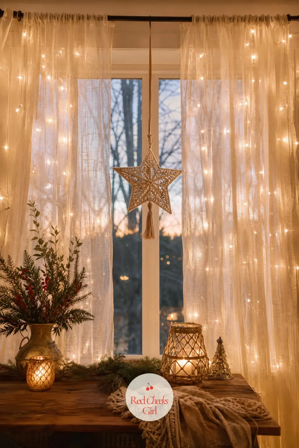 The Sheer Curtain, Lit From Behind — Fairy lights tucked behind a sheer cream curtain throw a soft glow across the window instead of a hard string of bulbs.
