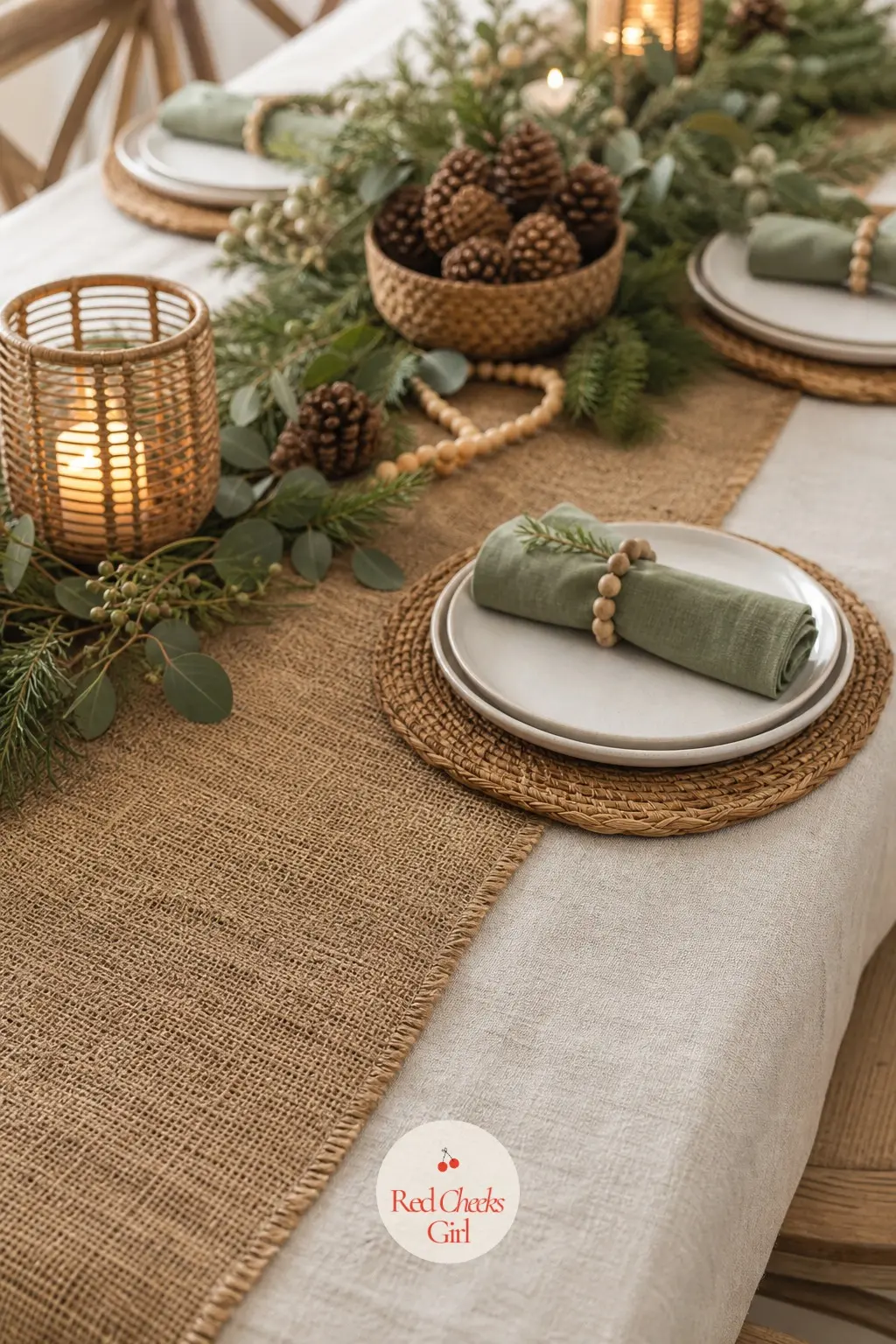 The Table: Cloth, Runner and the Layers Under the Plates — Cream cloth first, then a narrow jute runner down the center, then rattan chargers under each plate