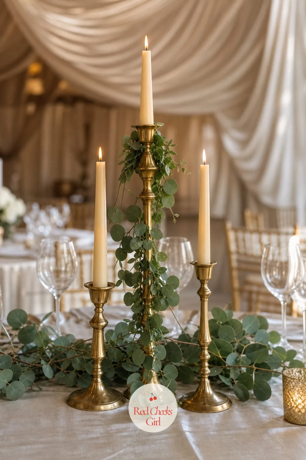 Brass Candlesticks with Trailing Greenery — Tall brass alone can look a little formal for a boho room. Boho wedding centerpieces