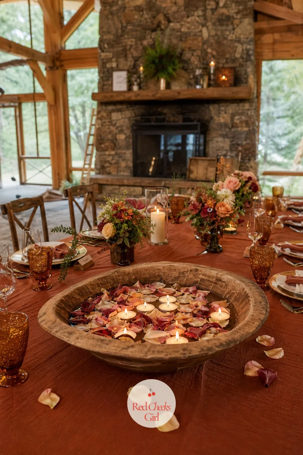 Carved Wood Bowls with Floating Candles and Petals — Standing candles are not the only way to work flame into the table. Boho wedding centerpieces