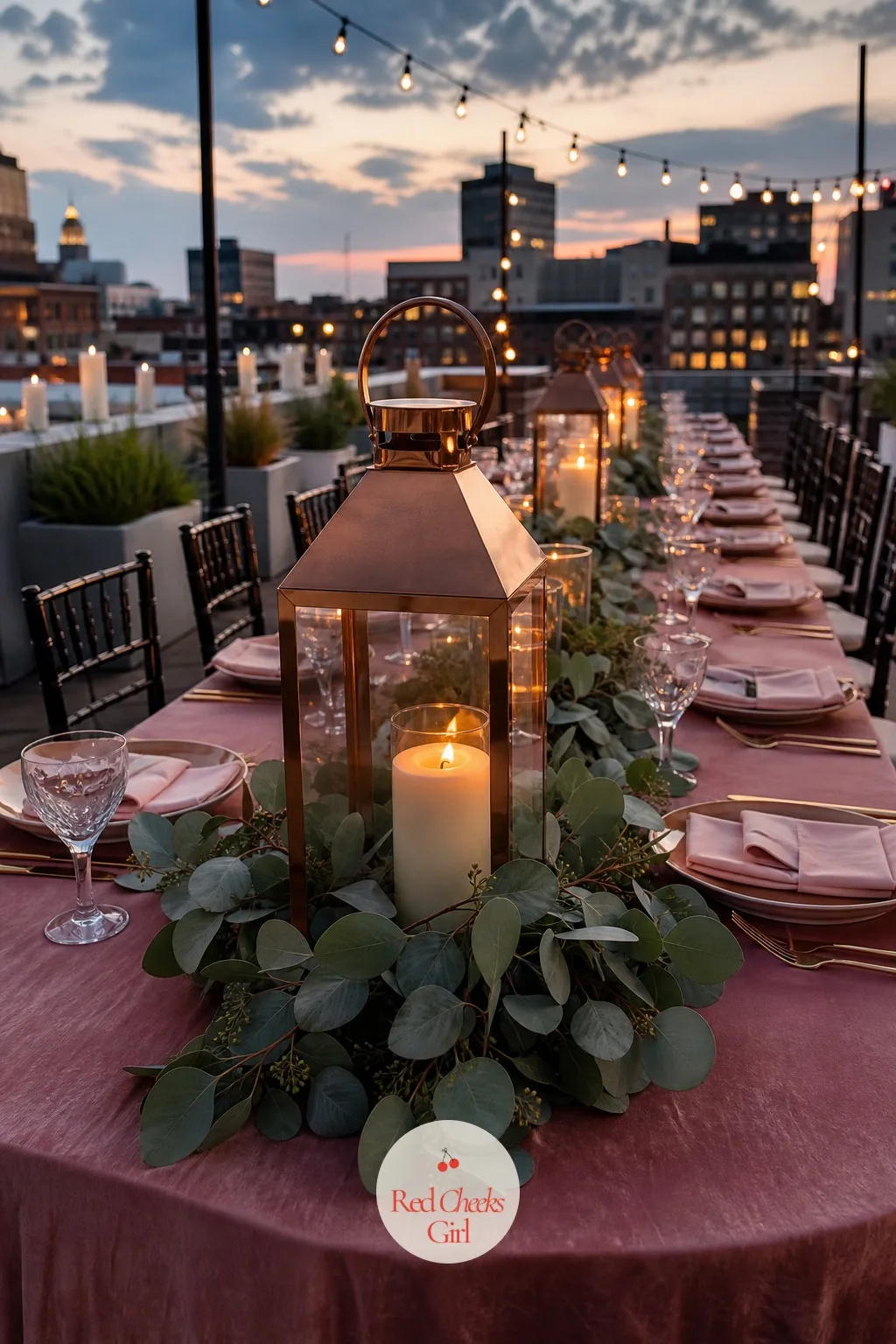 Copper Lanterns with Eucalyptus Garlands — Rattan is not the only material that reads boho under candlelight. Boho wedding centerpieces