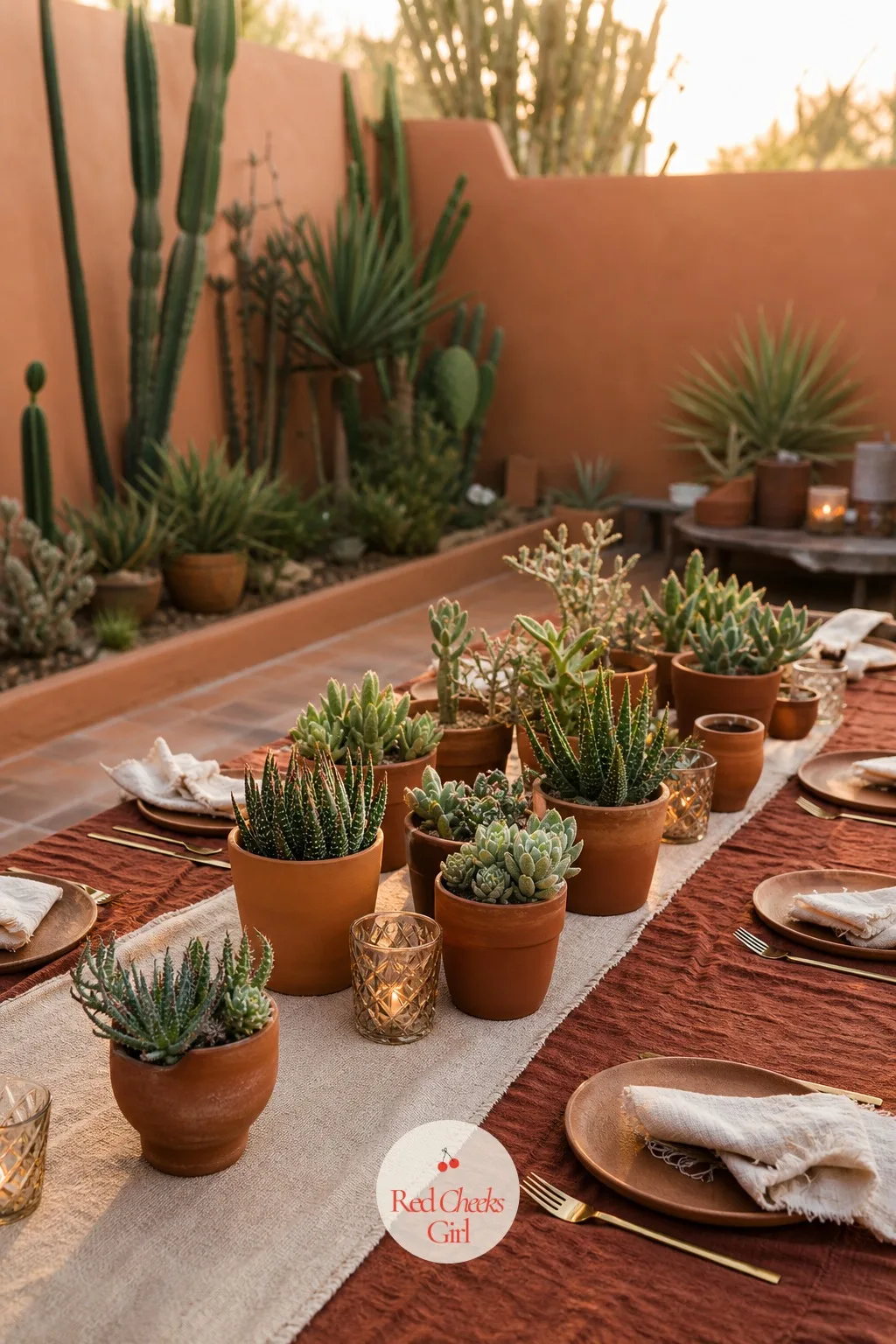 Desert Succulents in Clay Pots — Flowers that need daily water are a liability on a table nobody tends for three days before the event. Boho wedding