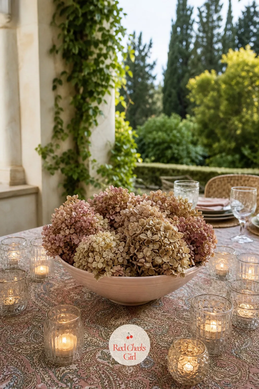 Dried Hydrangea in Blush Ceramic Bowls — Hydrangea heads are enormous and a single stem can carry a whole bowl on its own, which matters when the budget runs