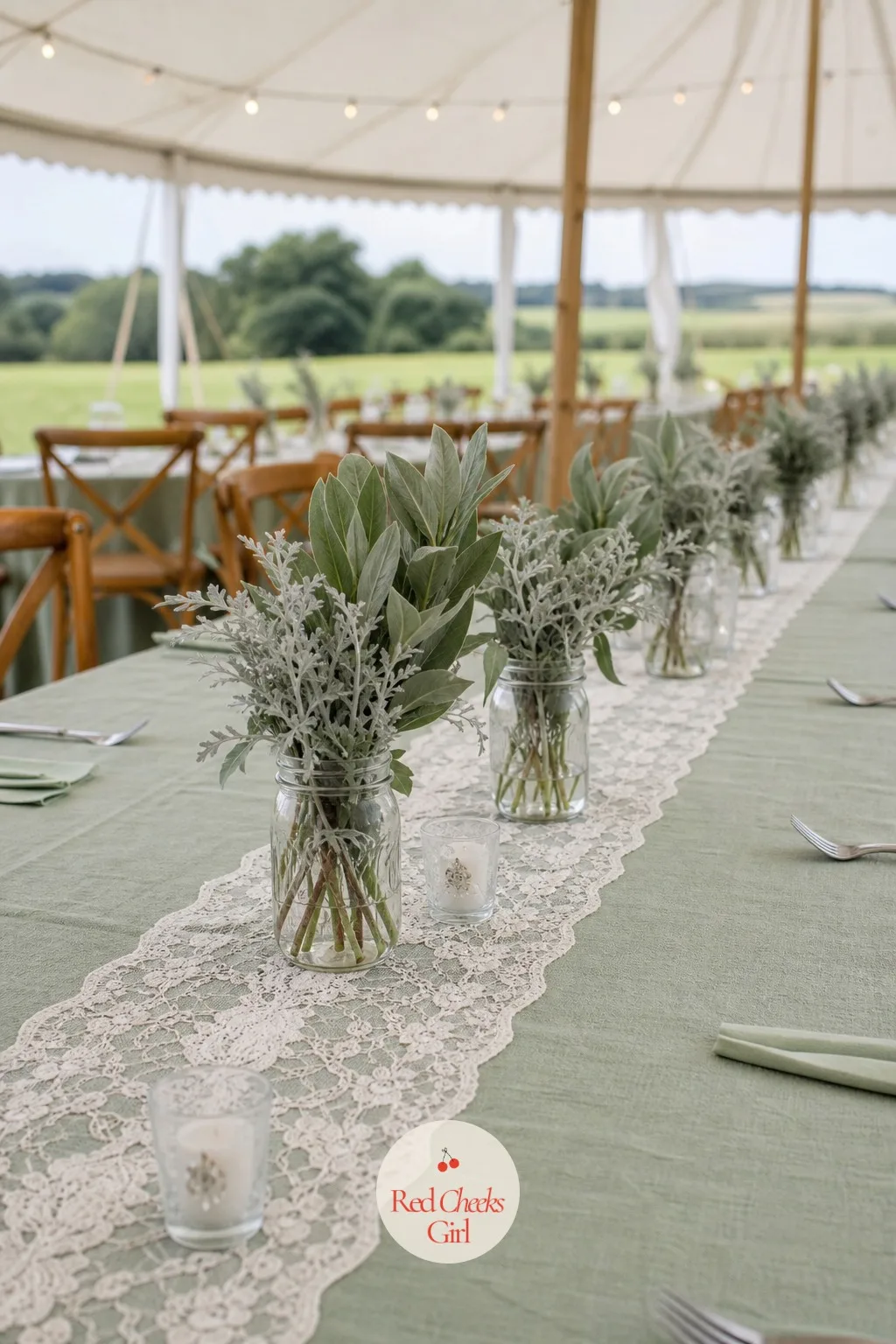 Dusty Miller and Sage Bundles in Glass Jars — Silvery greenery can look washed out under warm light if it sits alone. Boho wedding centerpieces