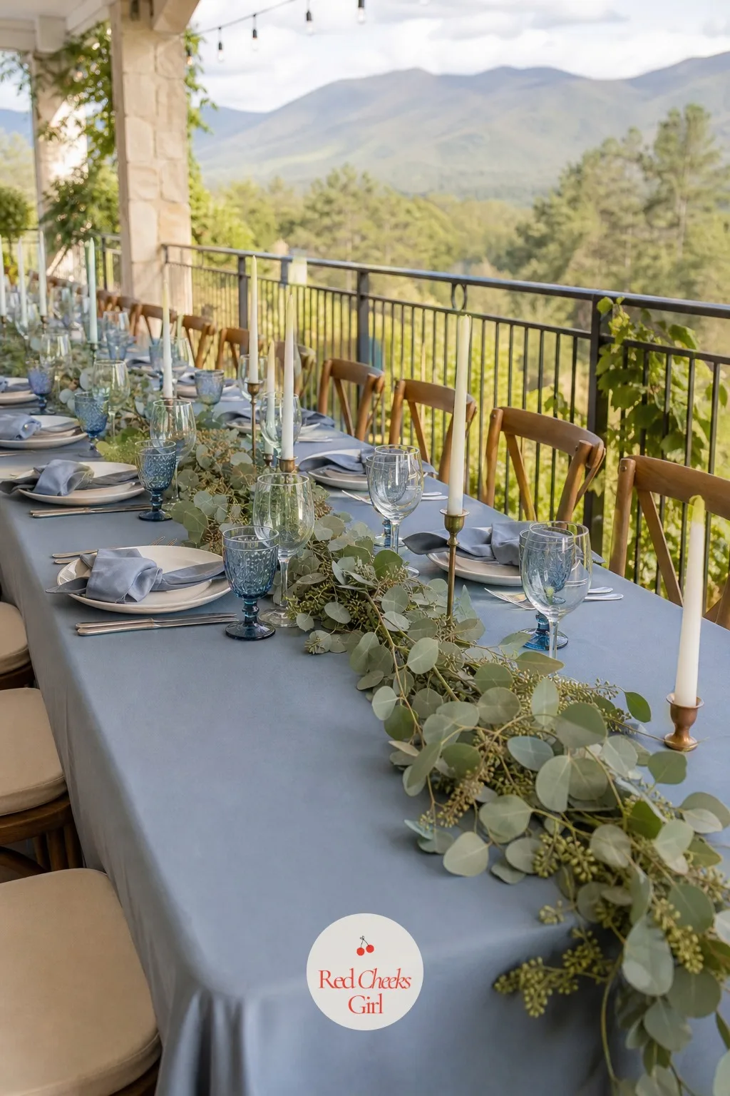 Eucalyptus Runners Down the Table — Nobody wants to arrange twelve separate centerpieces for a single long table. Boho wedding centerpieces