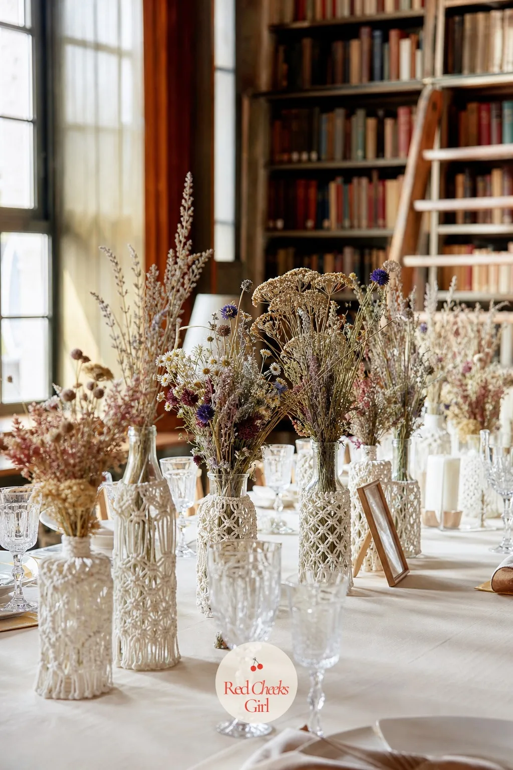 Macrame-Wrapped Glass Bottles with Wildflowers — Plain glass bottles can look a little bare on their own, even full of flowers. Boho wedding centerpieces