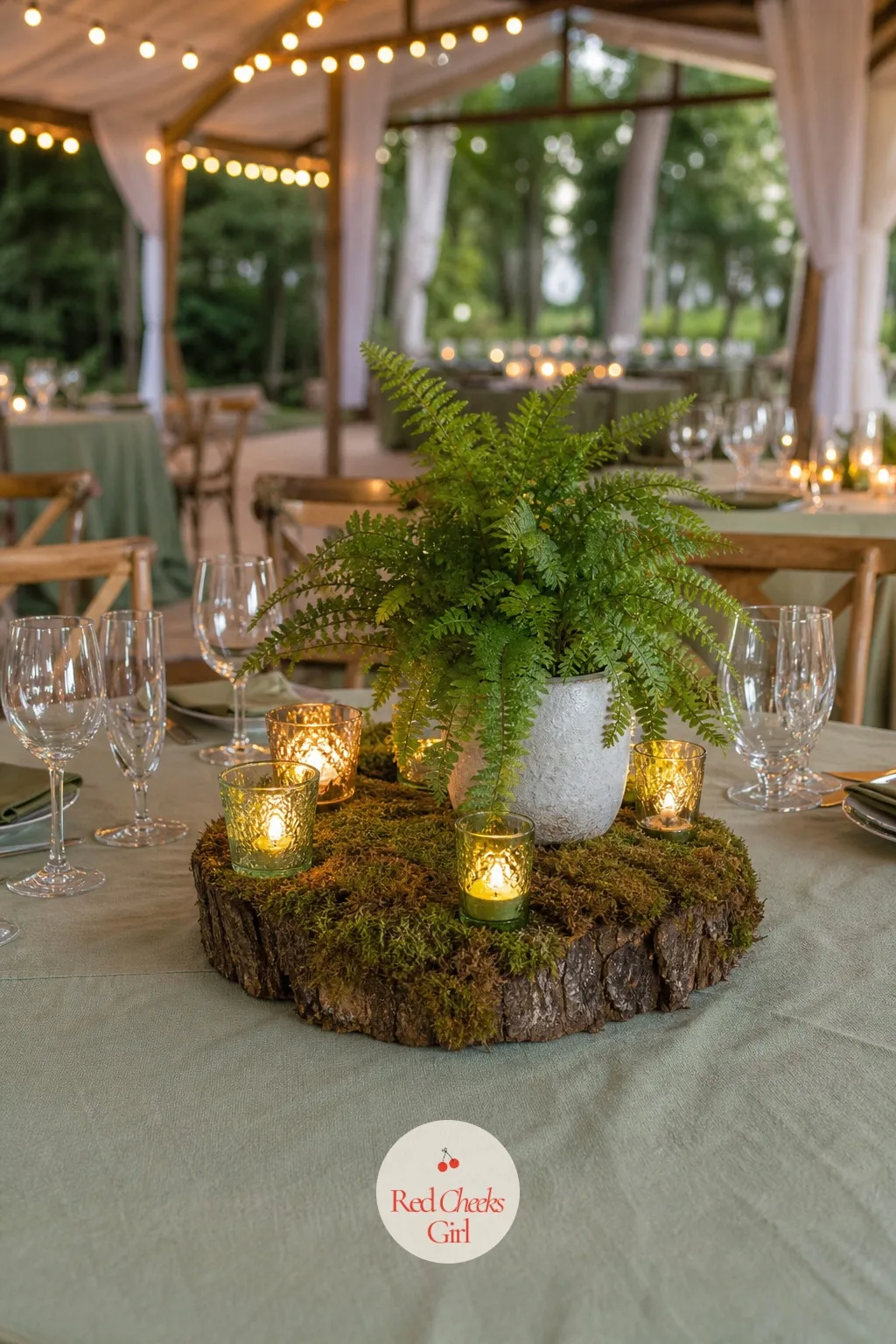Moss-Covered Wood Risers with Potted Plants — A single pot on a flat table can look lonely in a large room. Boho wedding centerpieces