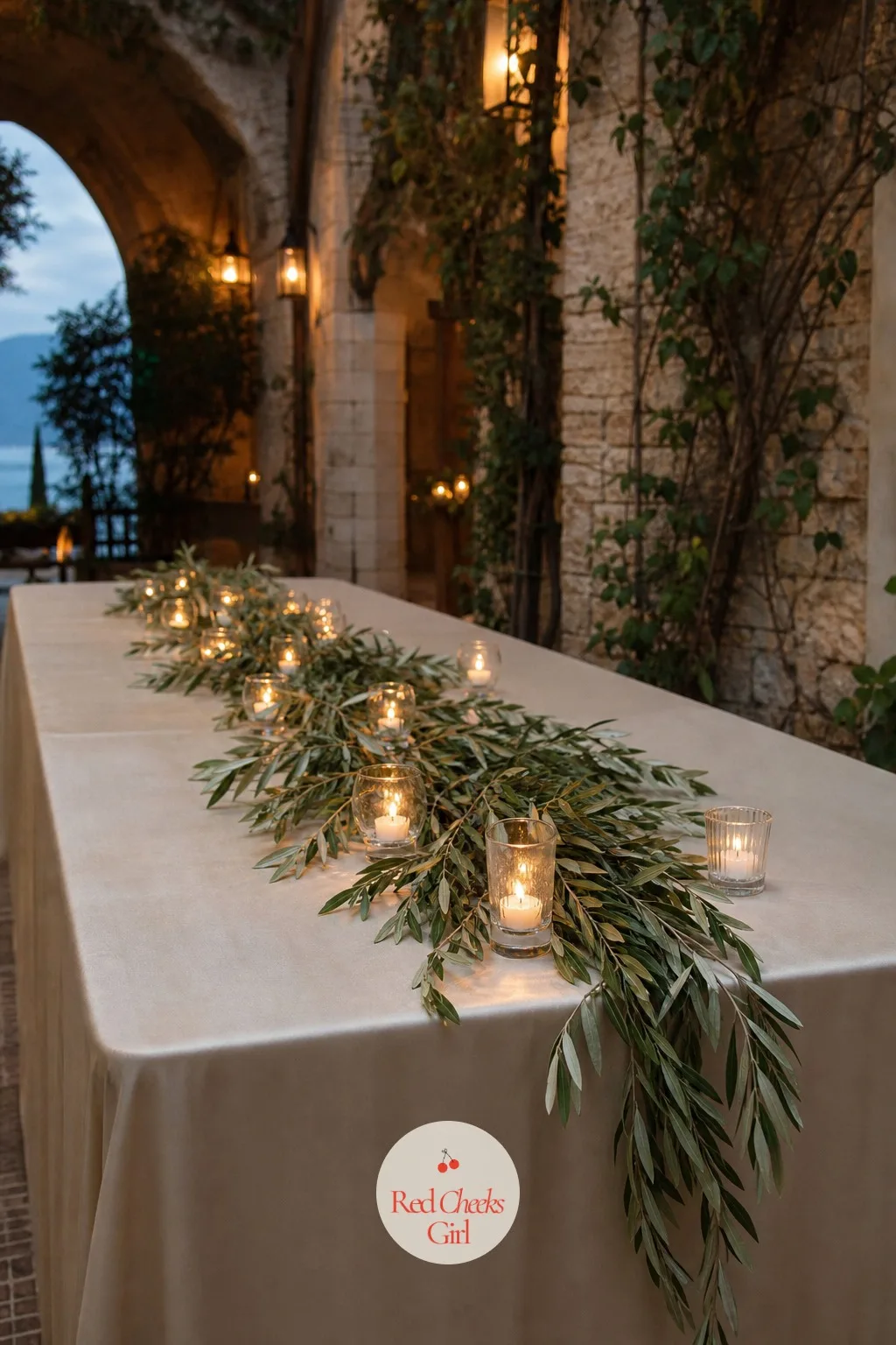 Olive Branch Runner with Votive Candles — A plain greenery runner can read a little flat without anything catching light along its length. Boho wedding