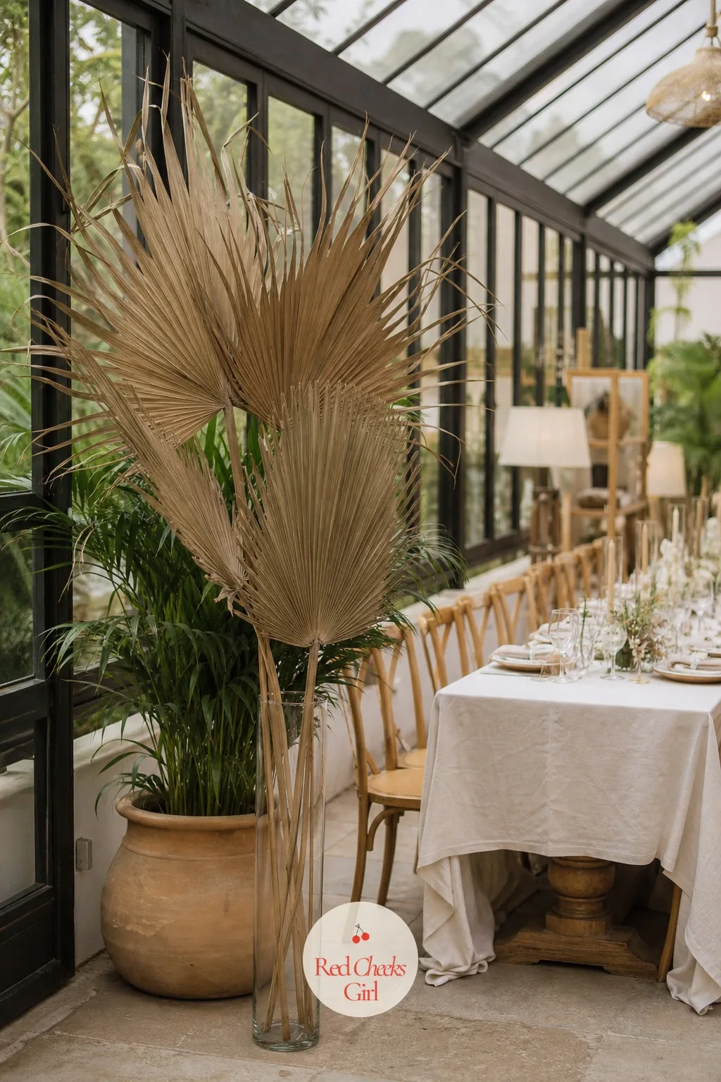 Palm Leaves in Tall Floor Vases — A reception room with high ceilings can dwarf anything placed at table height. Boho wedding centerpieces