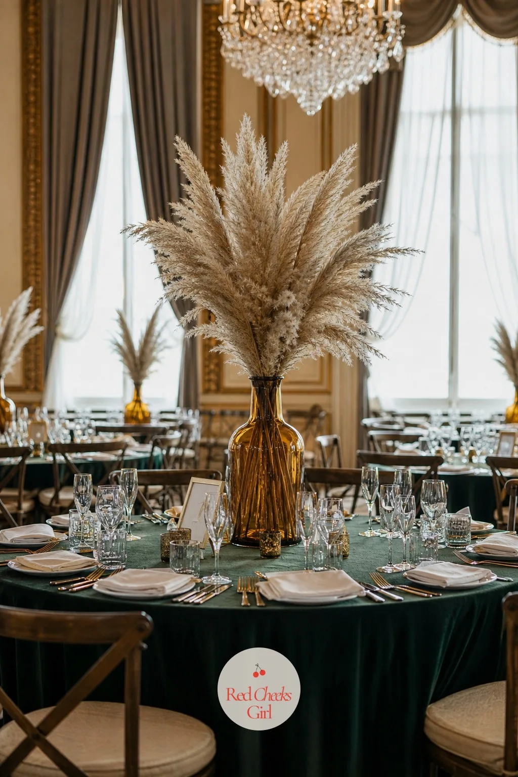 Pampas Grass in Amber Glass Vases — A ballroom table can swallow small arrangements whole. Boho wedding centerpieces