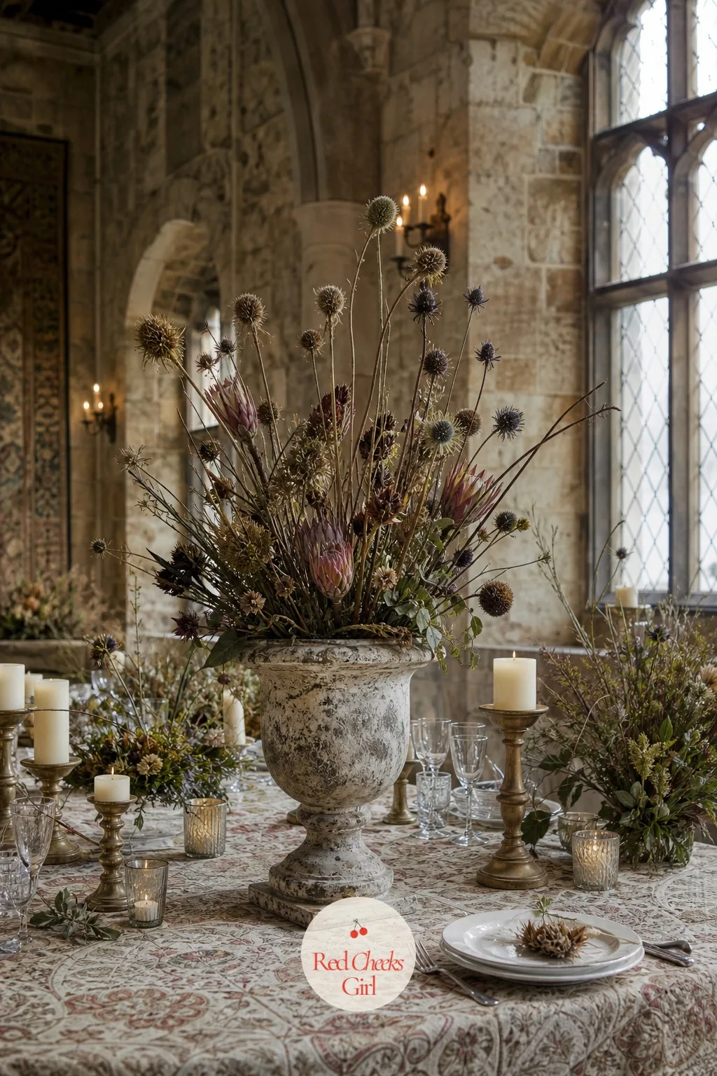 Protea and Thistle in Stone Urns — A table full of soft dried stems can start to look samey after the third one. Boho wedding centerpieces
