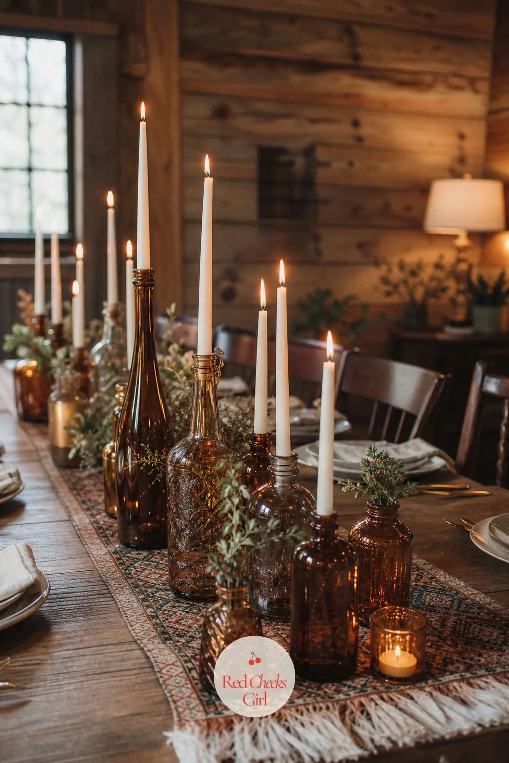 Taper Candles in Mismatched Amber Bottles — Matching candlesticks can look stiff on a boho table, almost too tidy for the mood everyone is going for. Boho