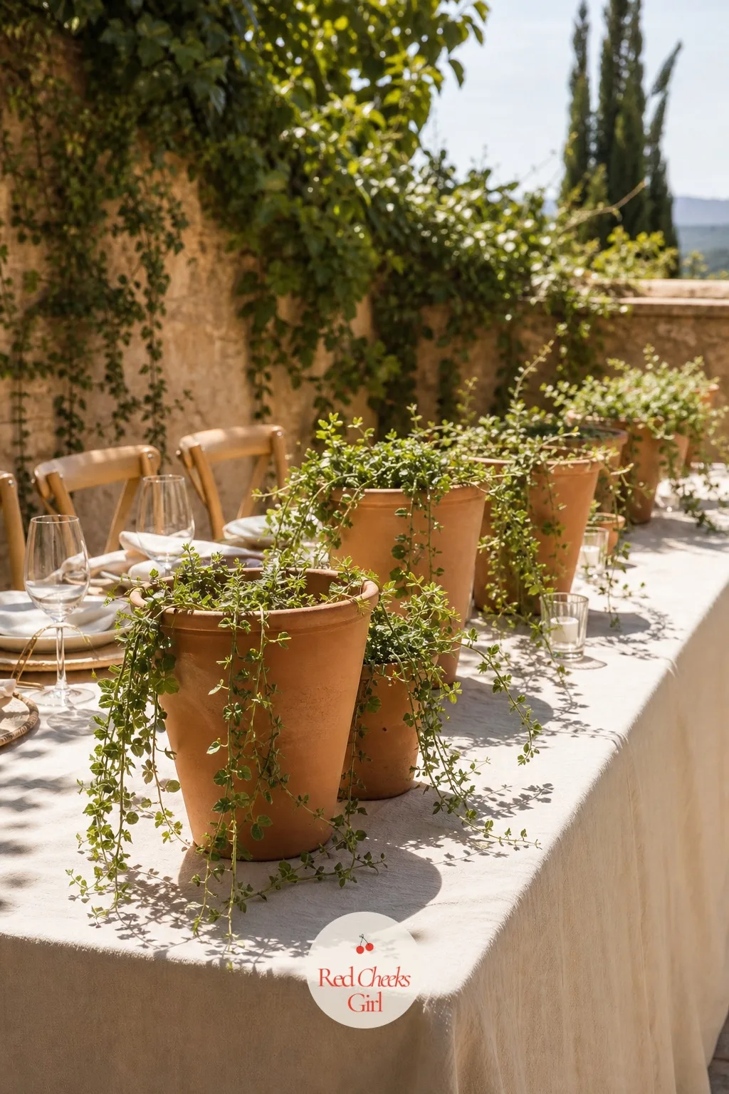 Terracotta Pots with Trailing Greenery — Cut flowers mean nobody takes the centerpiece home intact. Boho wedding centerpieces