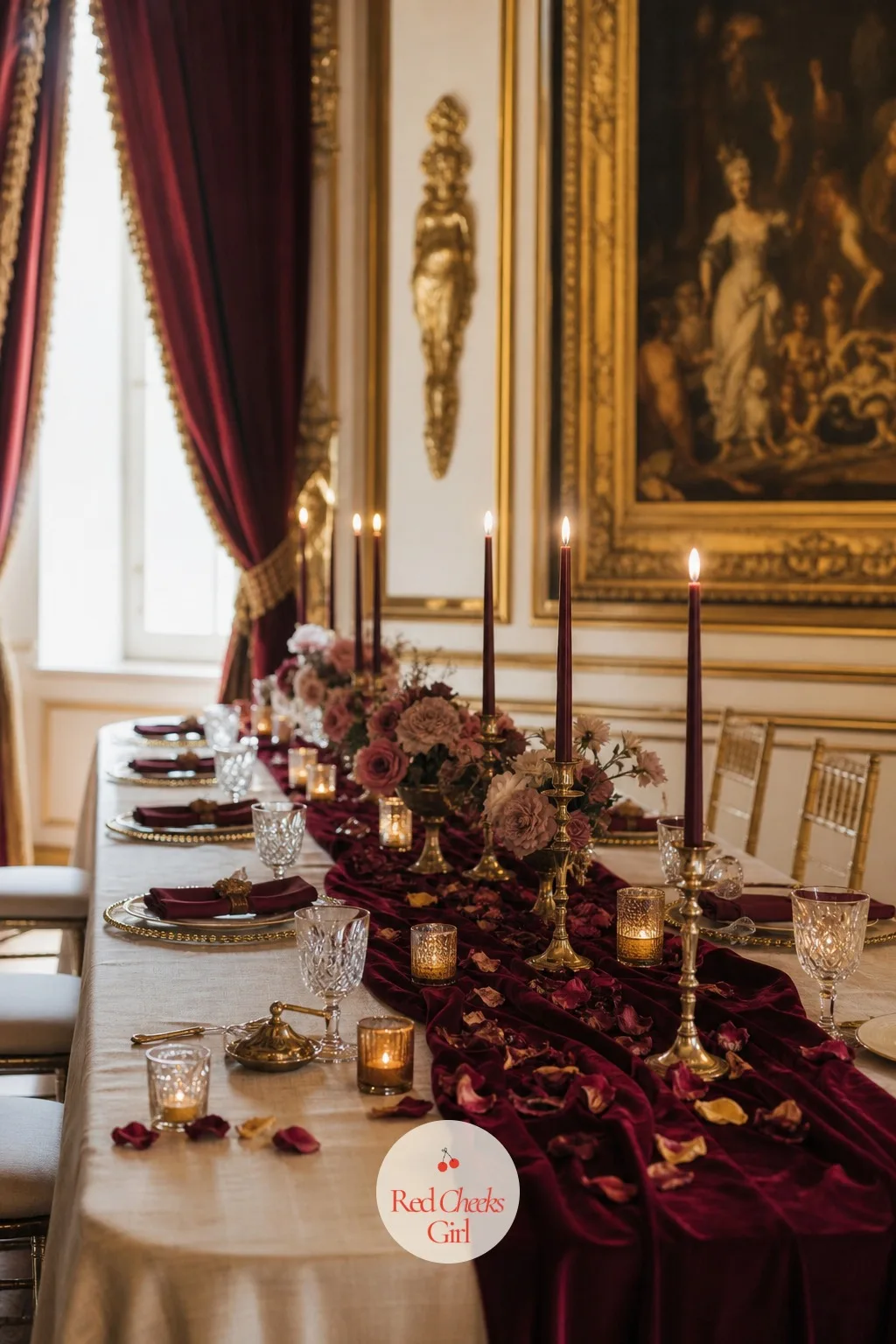 Velvet Runner with Scattered Rose Petals and Candles — A bare satin runner can feel unfinished on its own, especially once the florals are kept sparse