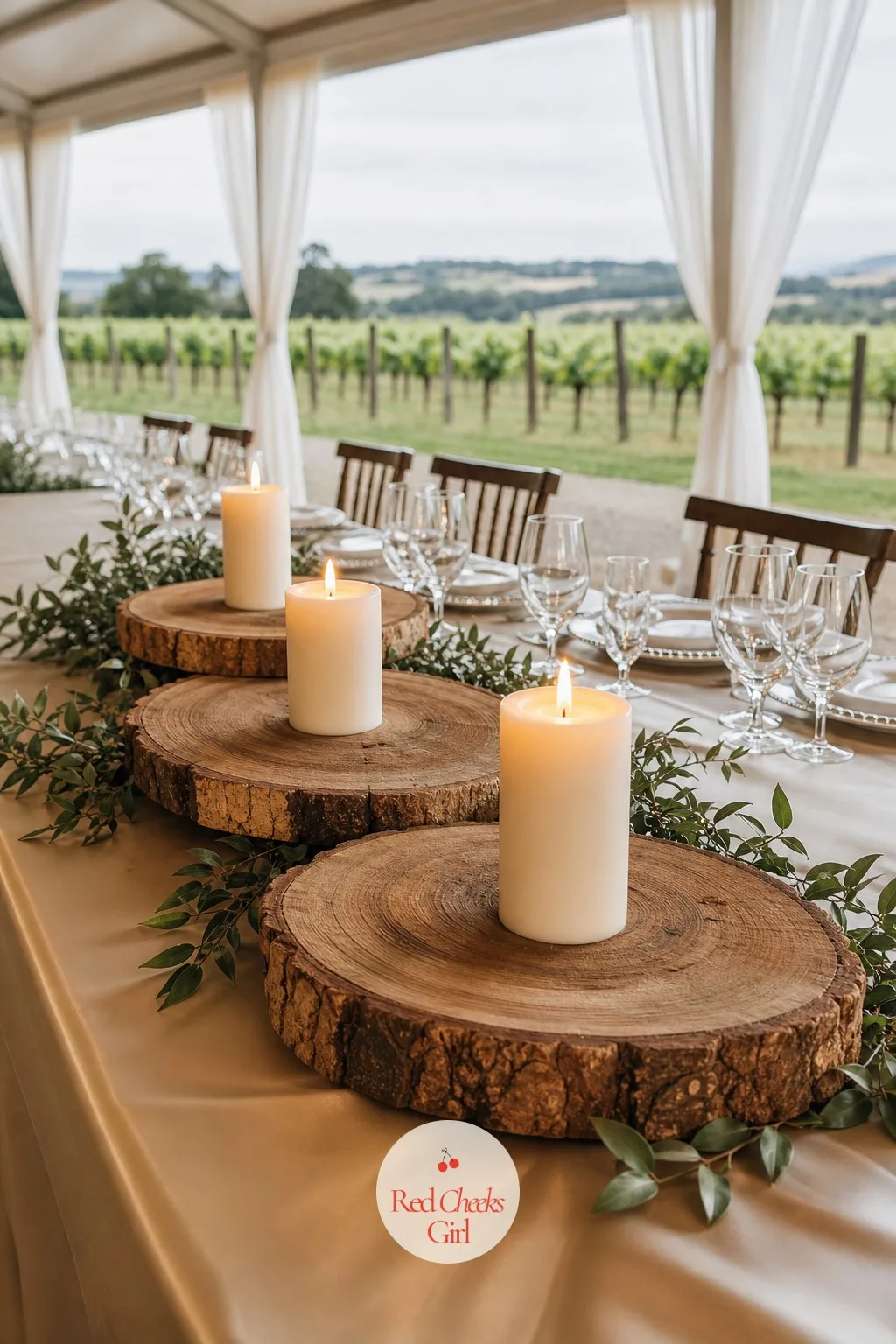 Wooden Slices with Pillar Candles — A bare table top can feel cold even with linen on it. Boho wedding centerpieces