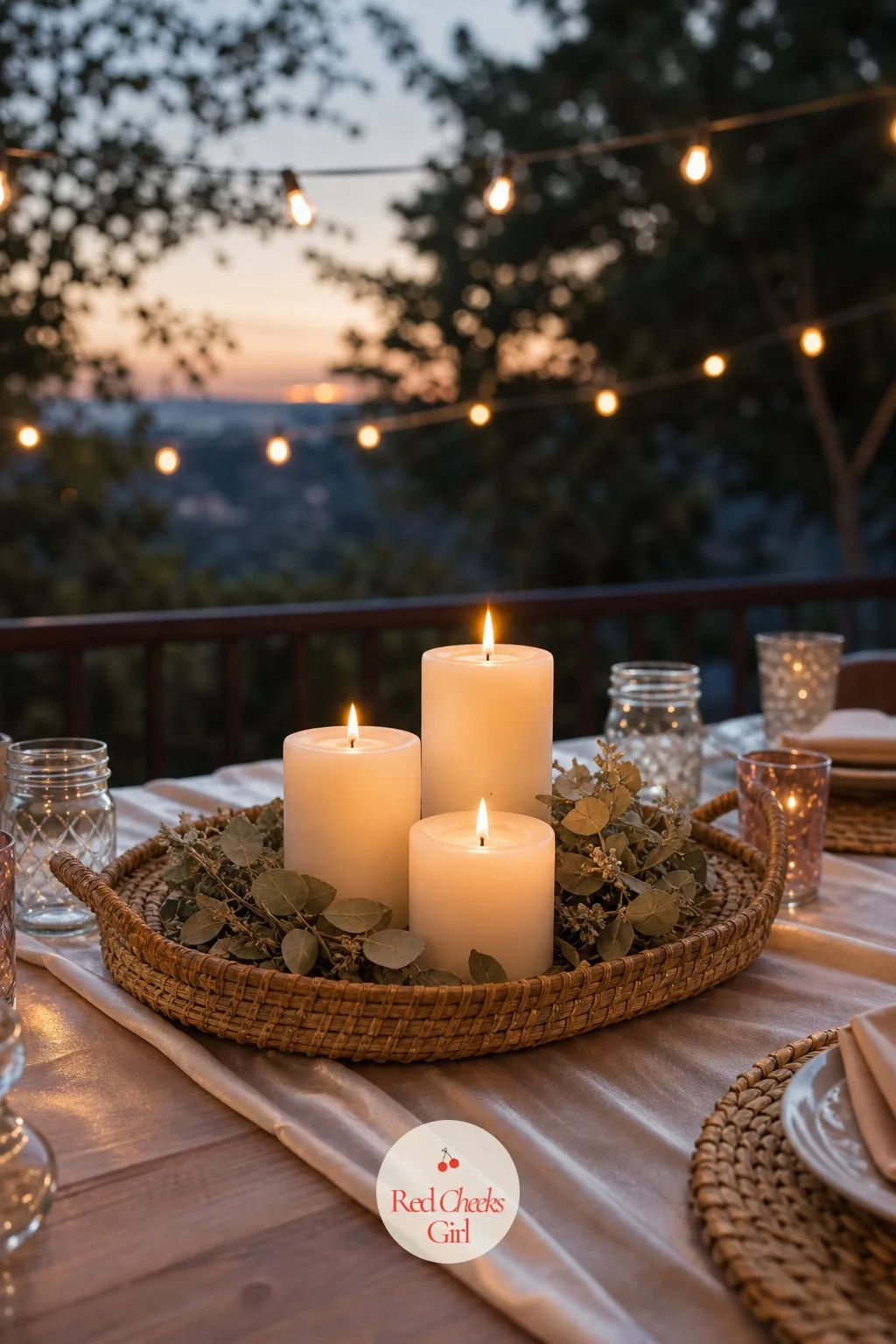 Woven Rattan Trays with Candles — A pile of candles on bare wood looks unfinished, like someone forgot to bring the rest of the centerpiece. Boho wedding