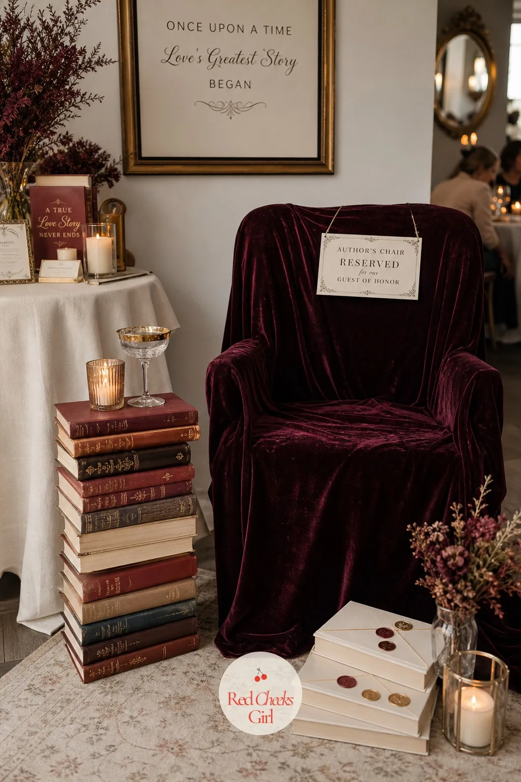 An Author's Chair for the Guest of Honor — She should not open gifts perched on a borrowed folding chair. Book themed bridal shower ideas