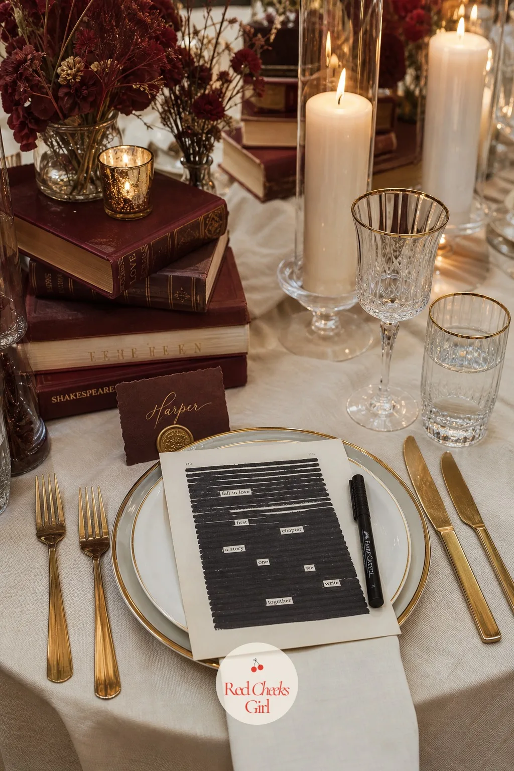 Blackout Poetry at Every Place Setting — Handing guests a blank worksheet feels like homework. Book themed bridal shower ideas