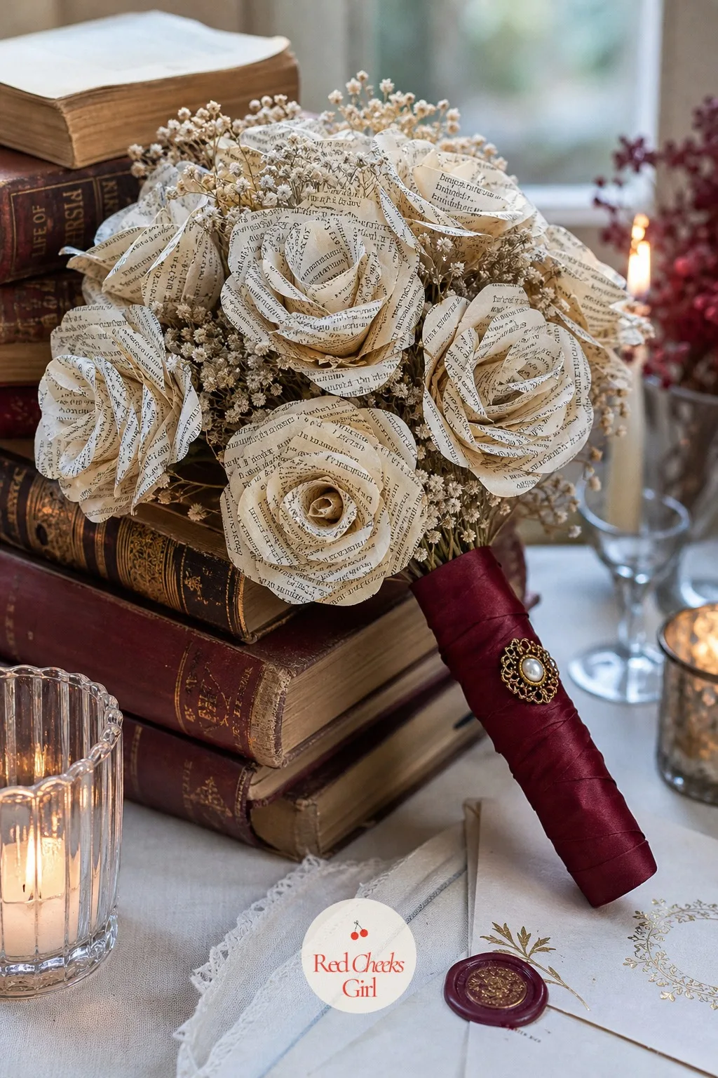 The Book Page Bouquet She Carries All Afternoon — A fresh bouquet wilts by the second course. Book themed bridal shower ideas