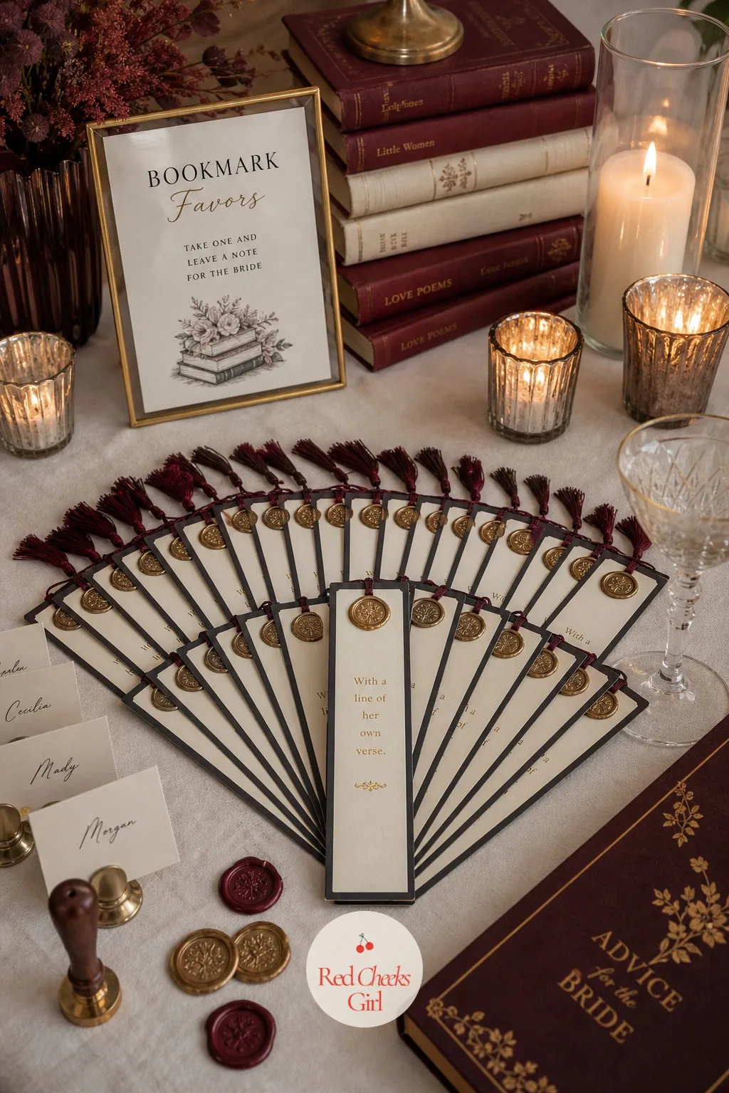 Bookmark Favors With a Line of Her Own Verse — A favour nobody uses again is a favour wasted. Book themed bridal shower ideas