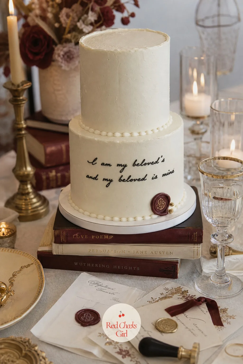 The Cake With a Handwritten Verse — A plain white cake disappears next to all those book stacks. Book themed bridal shower ideas