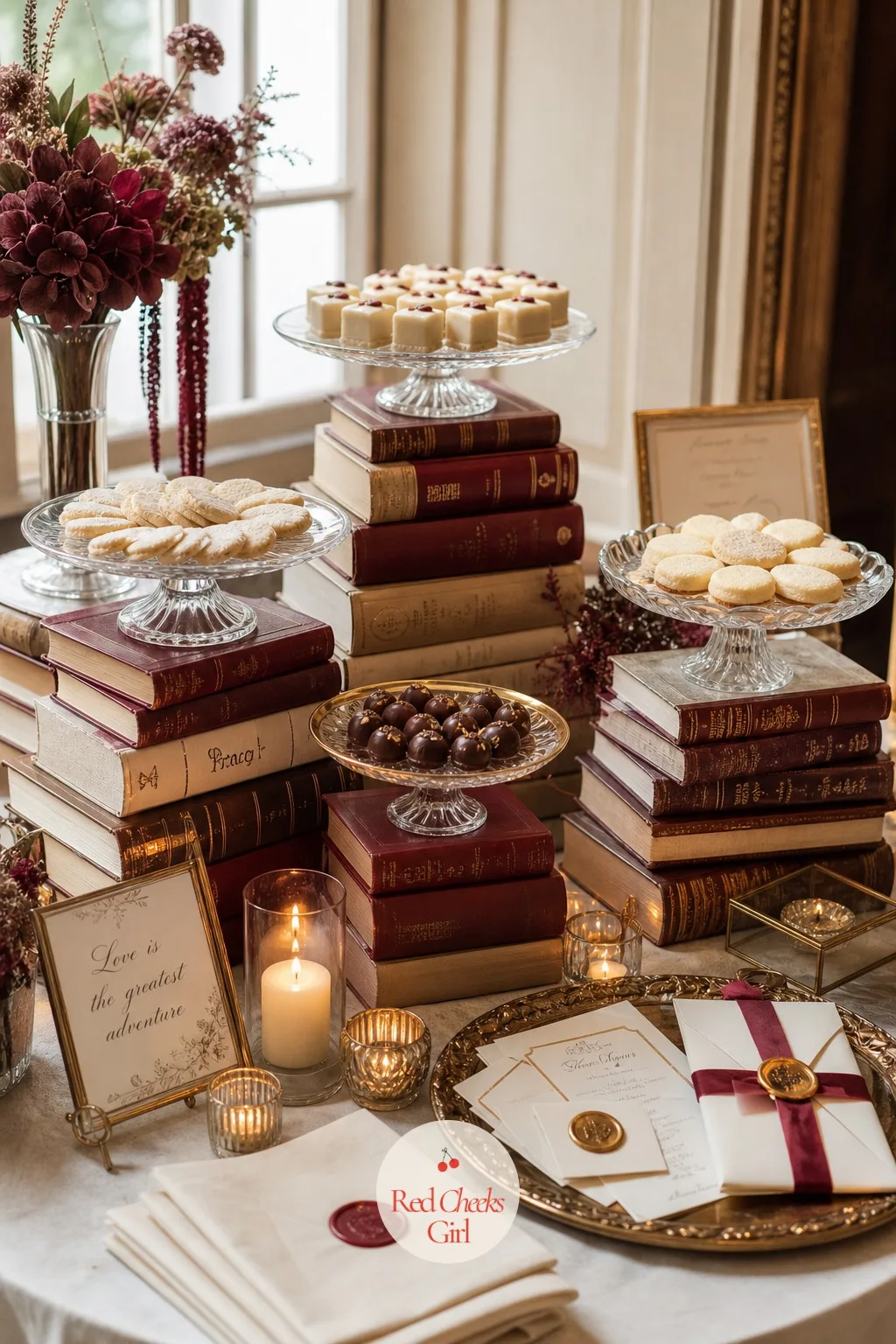 Dessert Table Built on Book Stack Cake Stands — A flat table of desserts looks like a bake sale. Book themed bridal shower ideas