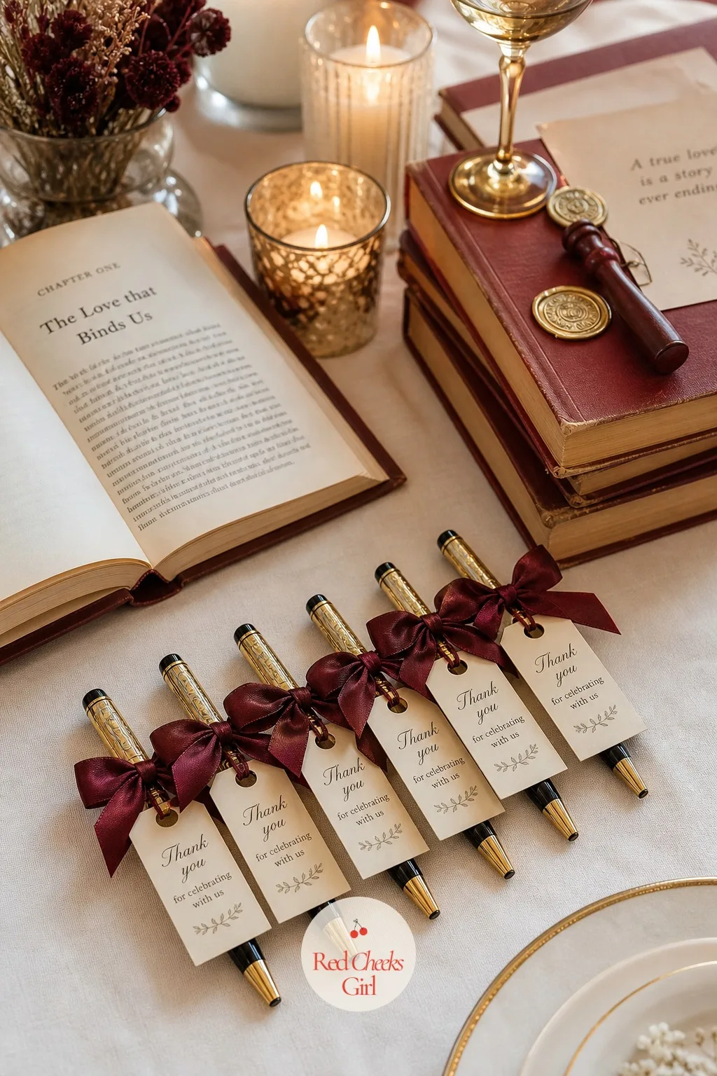 A Fountain Pen Favor Tied With Burgundy Ribbon — The fountain pen runs through this whole party, from the place cards to the letter box, so sending one home
