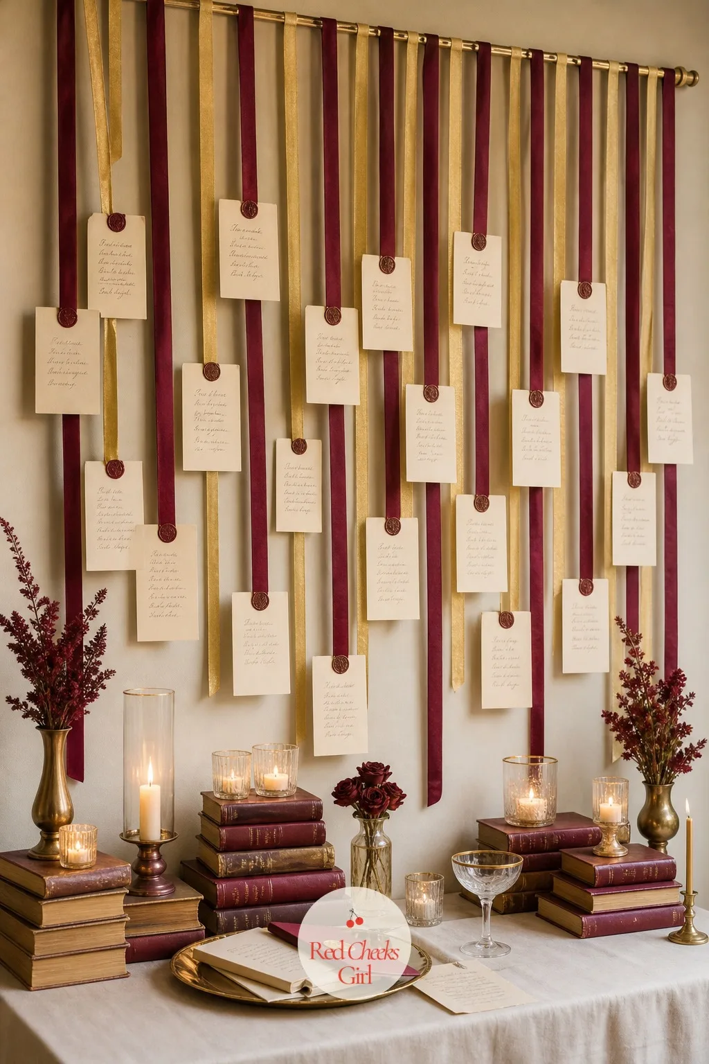 Hanging Love Poems Backdrop — An empty wall behind the dessert table reads like nothing happened here. Book themed bridal shower ideas