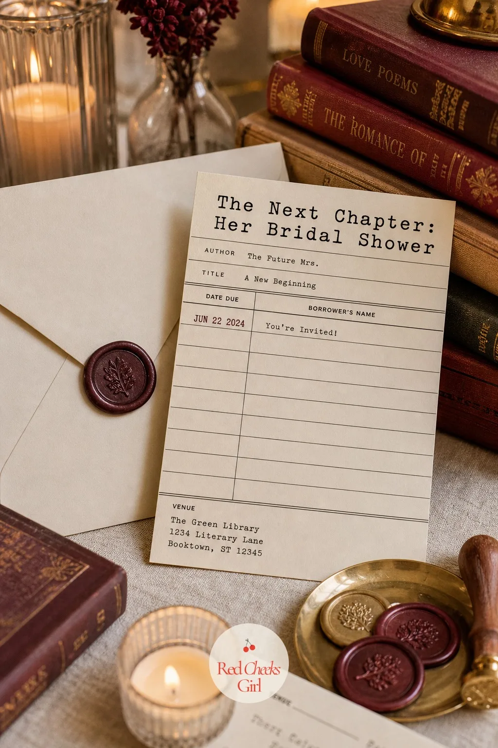 An Invitation Styled as a Library Card — An invitation that looks like every other card in the mailbox gets opened and forgotten. Book themed bridal shower