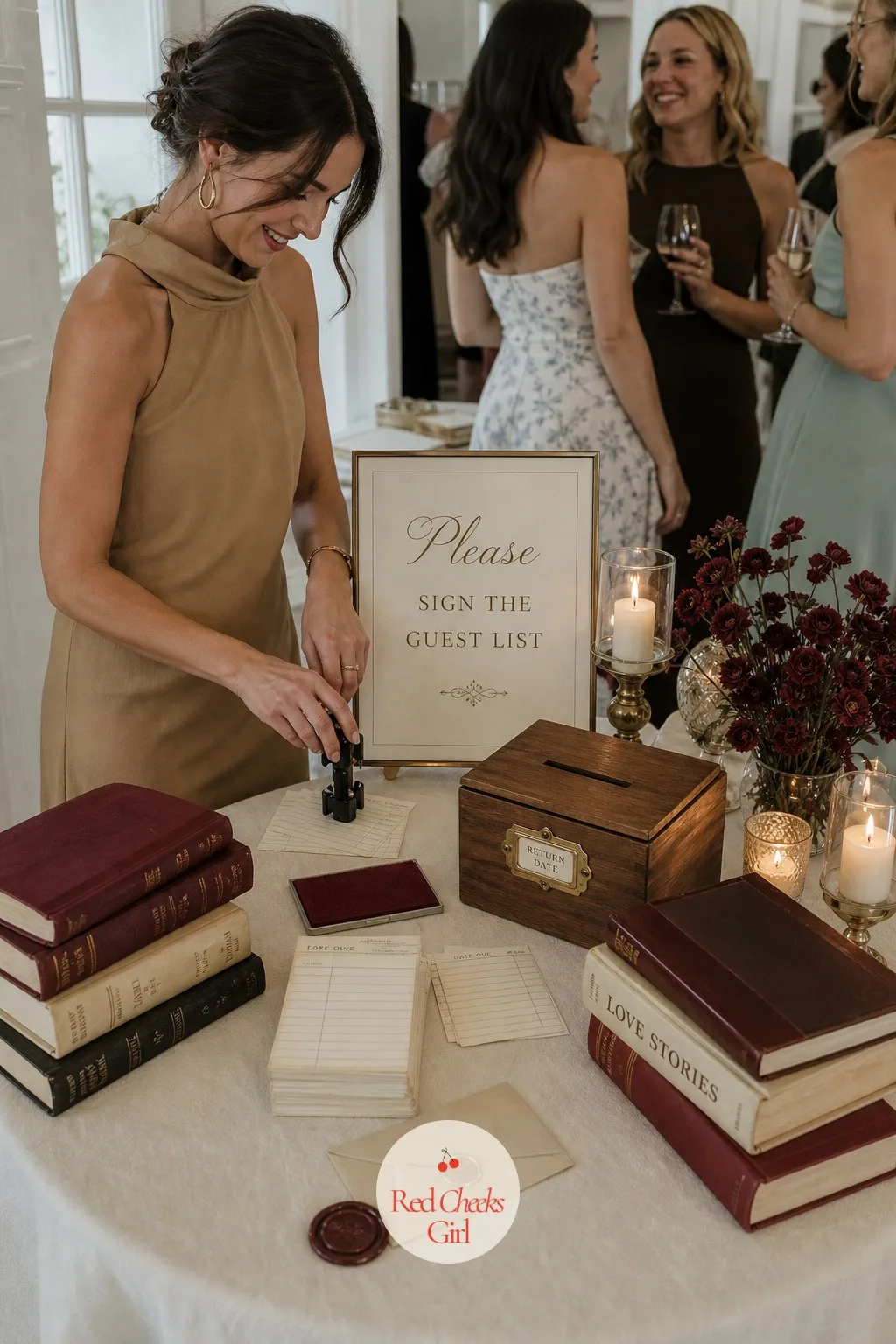 A Library Due Date Guest Sign In Table — Instead of a guest book nobody reads twice, set up a small desk where every guest checks in the way she would check