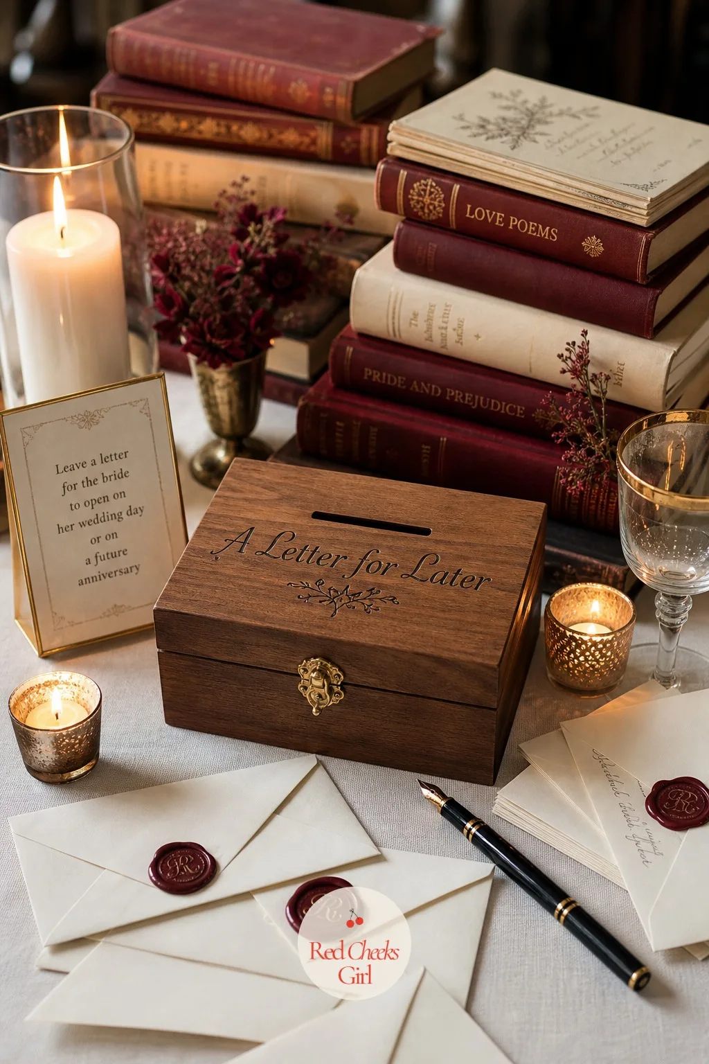 A Love Letter Box for the Bride to Open Later — Some messages are better written in private than typed on a typewriter in front of a crowd. Book themed bridal