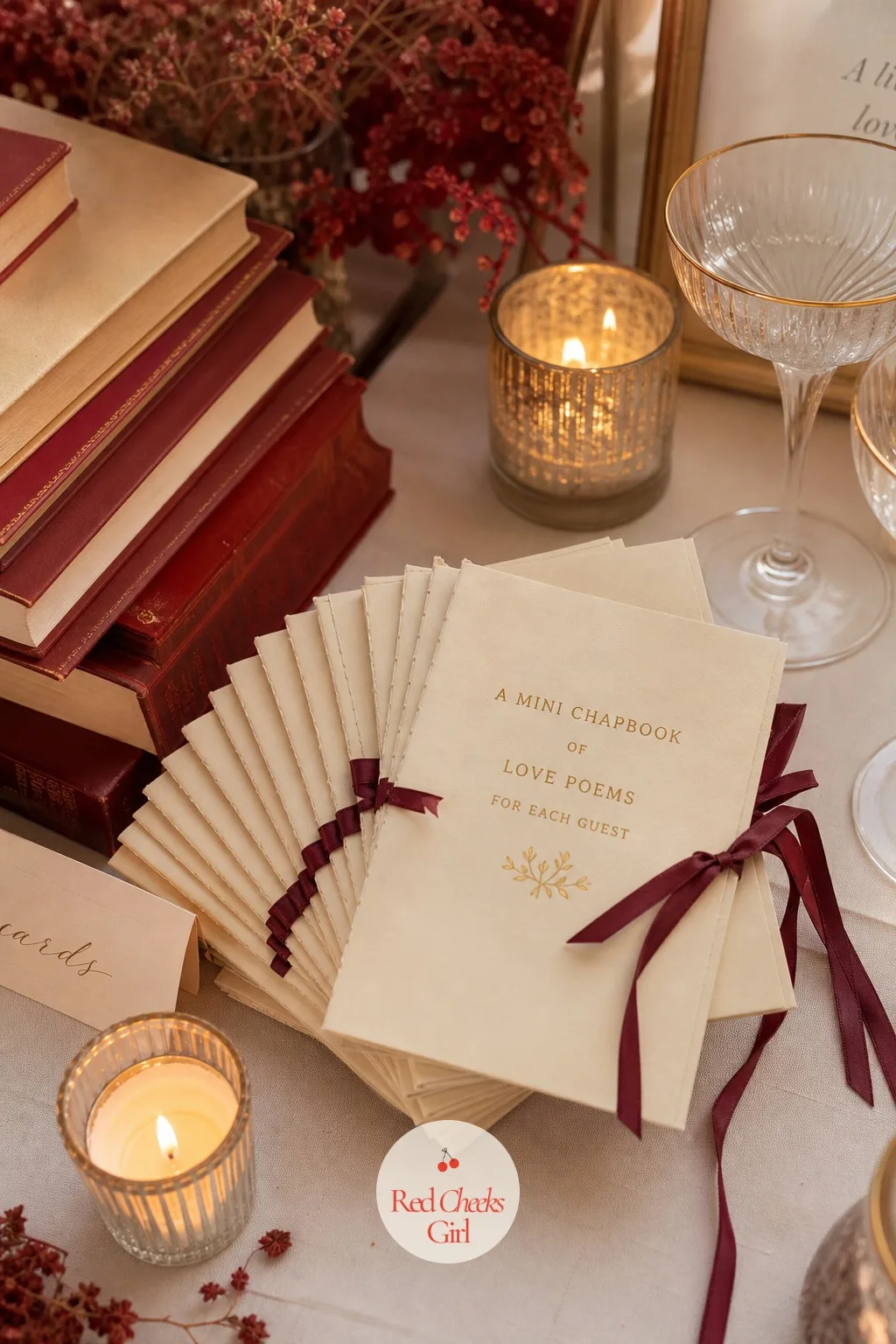 A Mini Chapbook of Love Poems for Each Guest — A favour she can actually read on the drive home beats a candle she forgets in a drawer. Book themed bridal