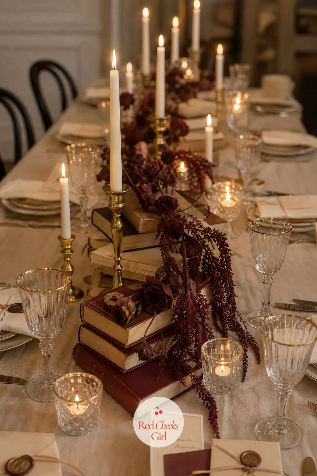 Old Books, Candlesticks and Dried Flower Centerpiece Runway — A bare table looks unfinished no matter how good the food is. Book themed bridal shower ideas
