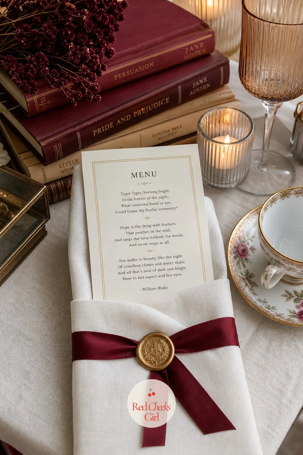 A Poem Page Menu Card Tucked Into Each Napkin — A folded cream card, tucked into the napkin at every place, lists the afternoon's food the way a title page
