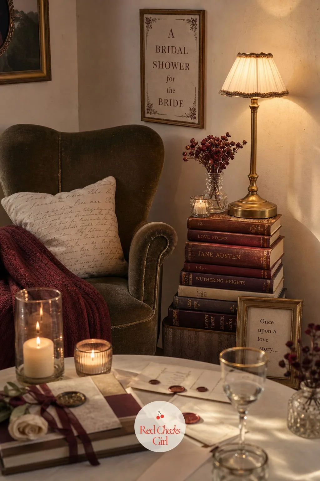A Reading Nook Corner for Photos — She will want somewhere to actually sit down with her coffee, not just stand near the pretty table. Book themed bridal
